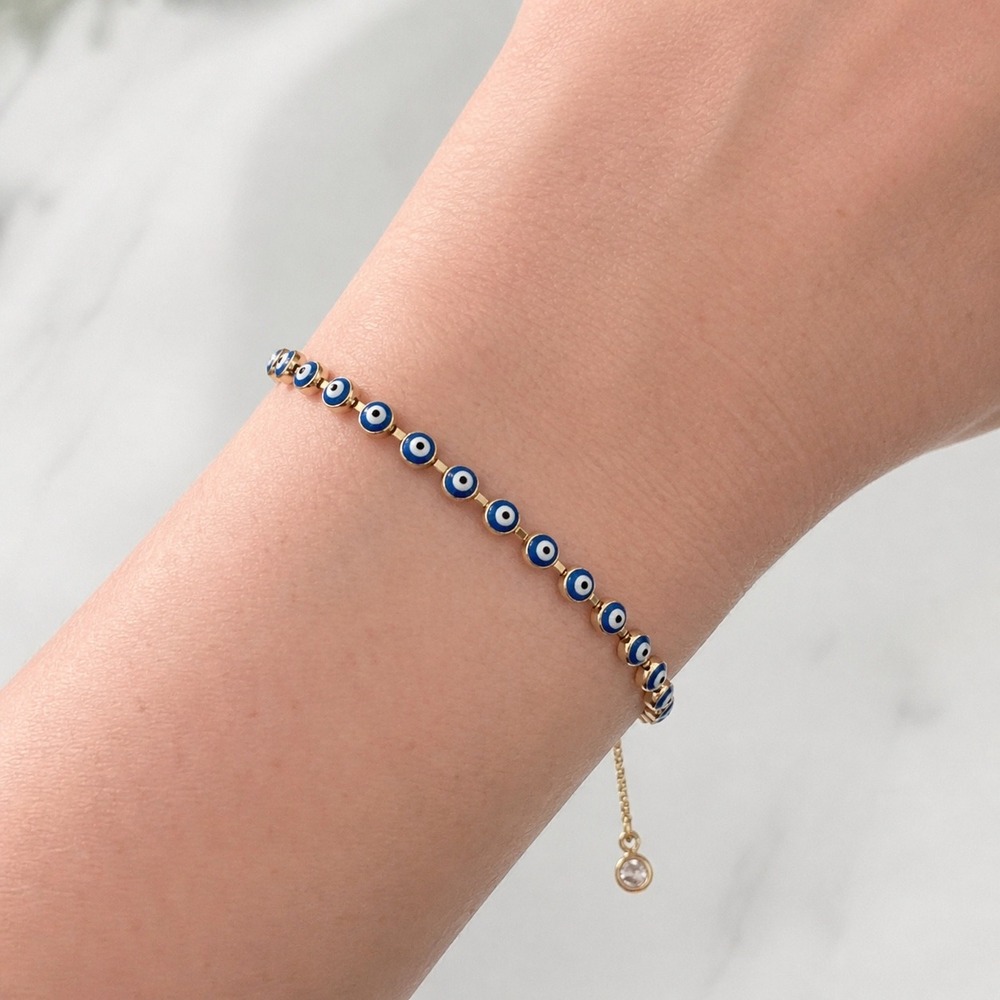 Gold Adjustable Evil Eye Bracelet Blue Enamel Beaded Slider Chain Dainty Minimal